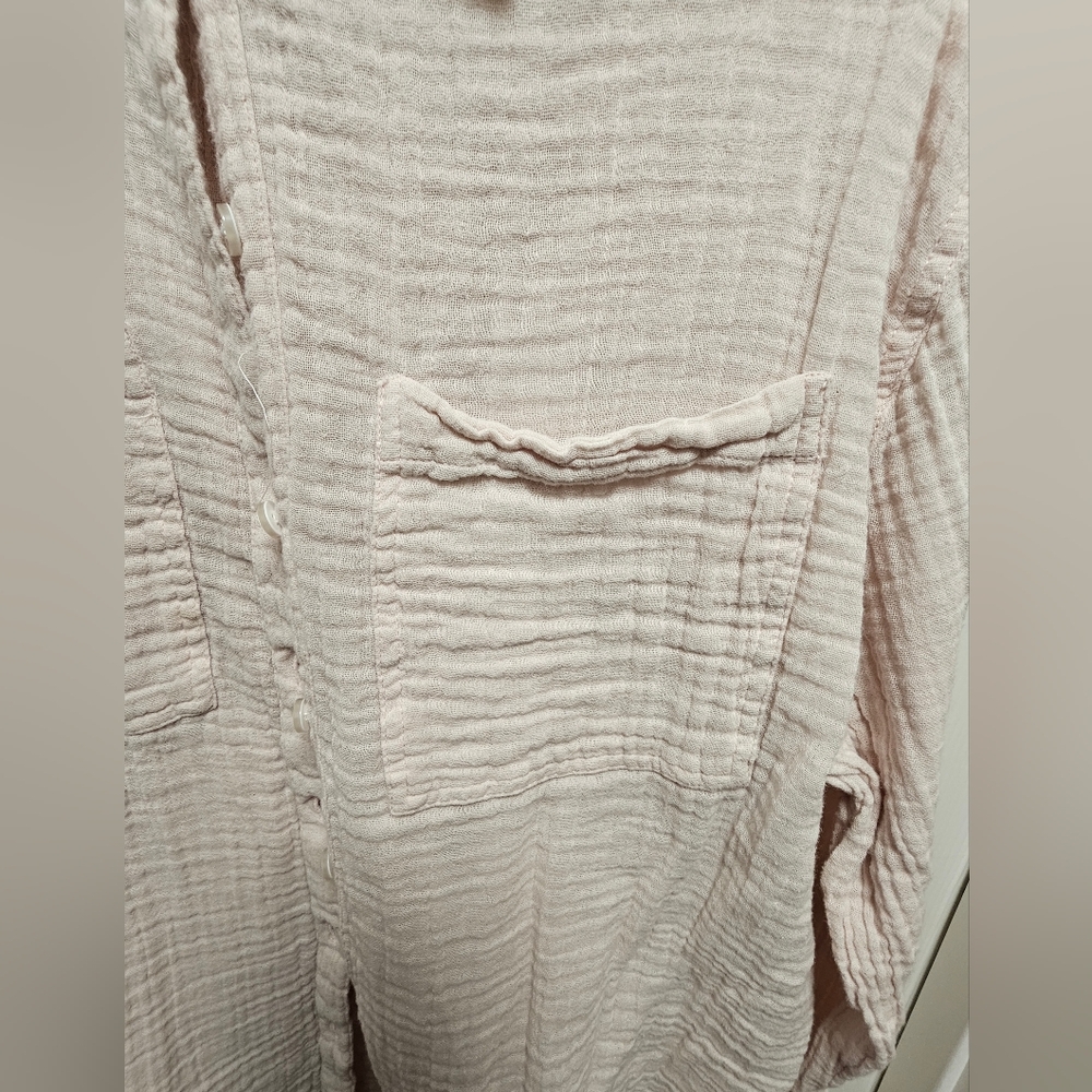 Urban Outfitters Pink Cotton Button-Up Blouse Long Sleeve Distressed Hem Size L - Picture 6 of 12